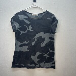 Free People Camouflage Cap Sleeve Tee T-Shirt SZ S Black Green Basic